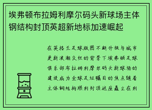 埃弗顿布拉姆利摩尔码头新球场主体钢结构封顶英超新地标加速崛起 埃弗顿布拉姆利摩尔码头新球场主体钢结构封顶英超新地标加速崛起